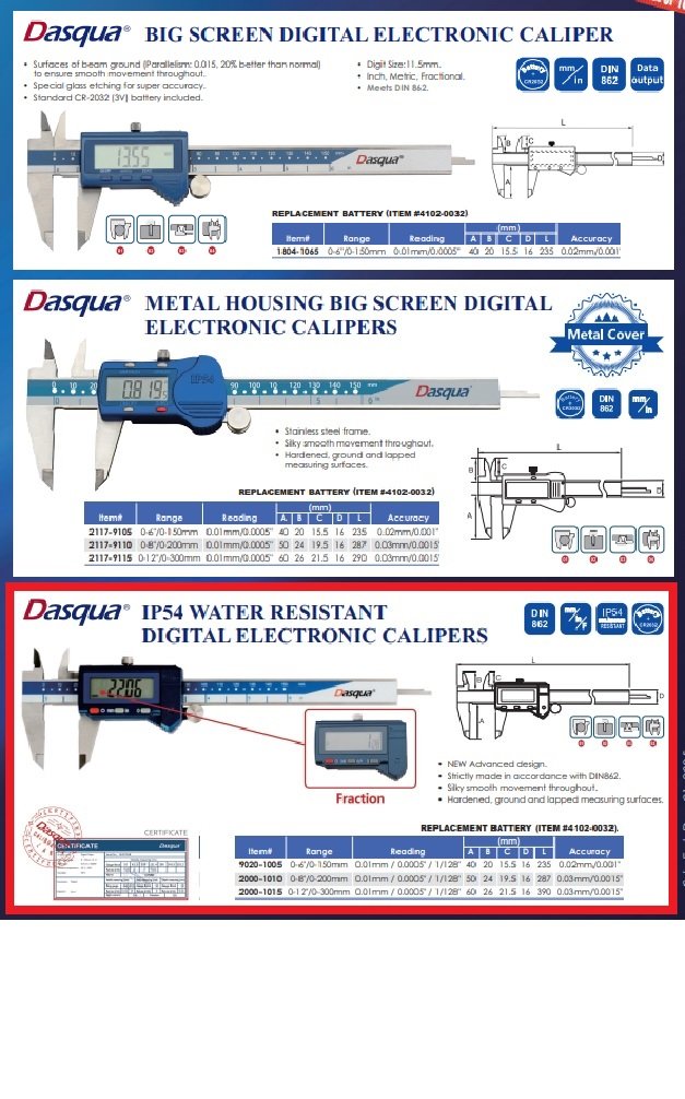 DASQUA #2000-1005 IP54 0-150MM / 0-6 INCH WATERPROOF DIGITAL CALIPER (9020-1005) - Image 10
