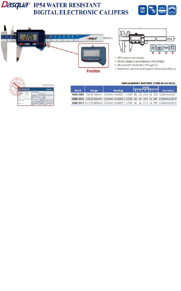 DASQUA #2000-1005 IP54 0-150MM / 0-6 INCH WATERPROOF DIGITAL CALIPER (9020-1005) - Image 9