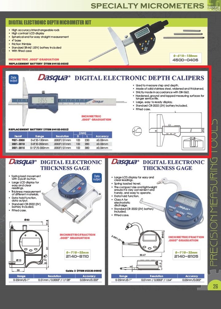 DASQUA 0-300MM/0-12" DIGITAL DEPTH CALIPER (2001-2015) - Image 7