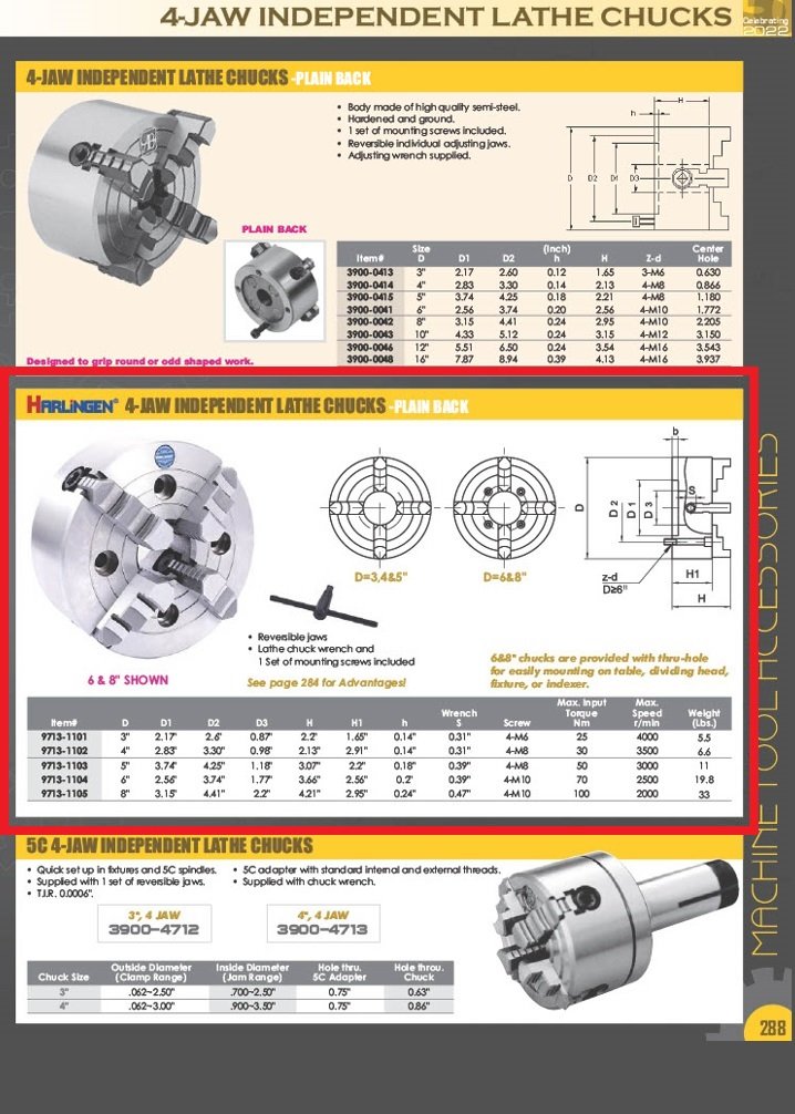 HARLINGEN 8" 4-JAW INDEPENDENT LATHE CHUCK PLAIN BACK (9713-1105) - Image 10