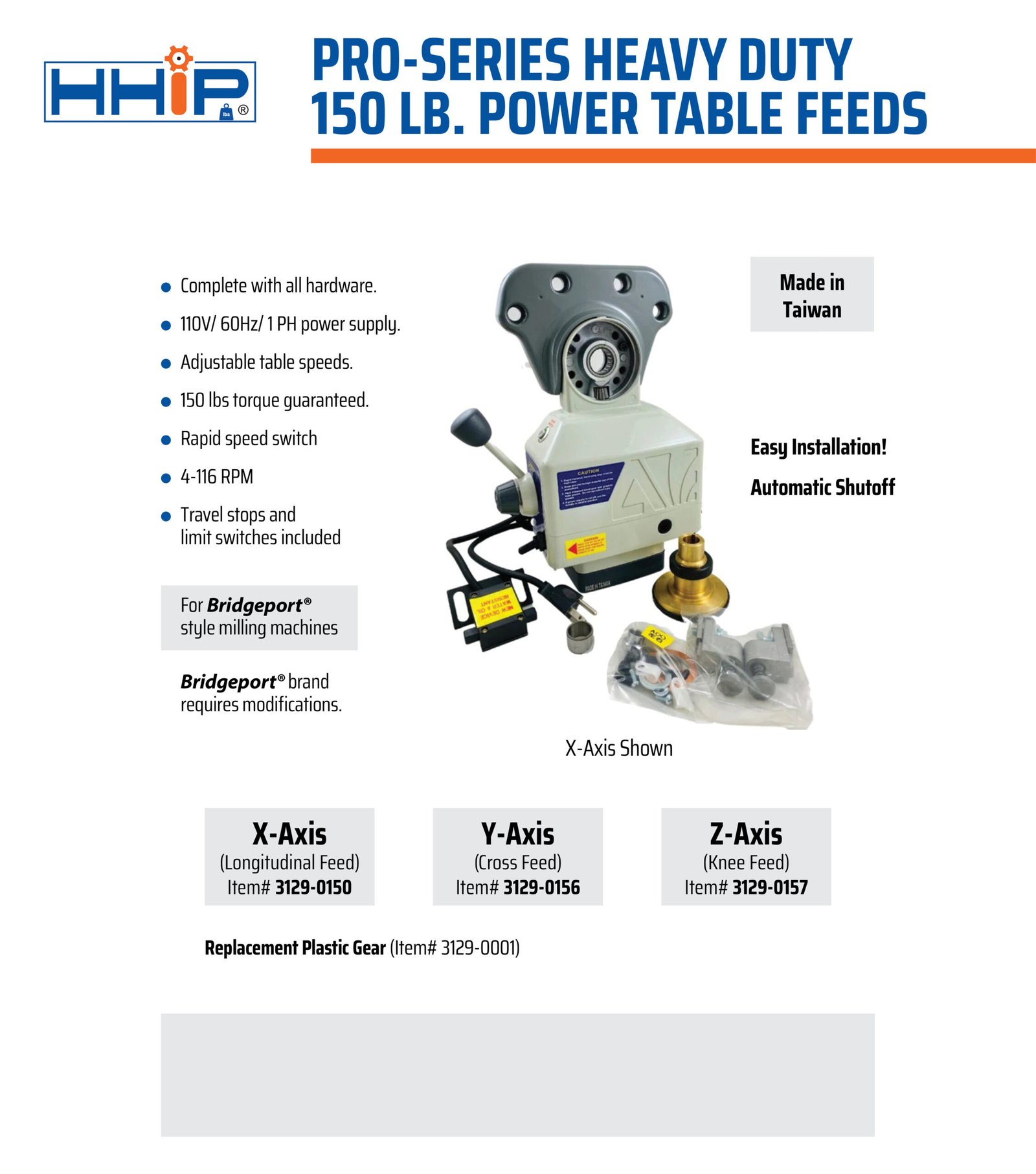 Z-AXIS KNEE POWER TABLE FEED 11OV~1 PHASE (3129-0157) - Image 2