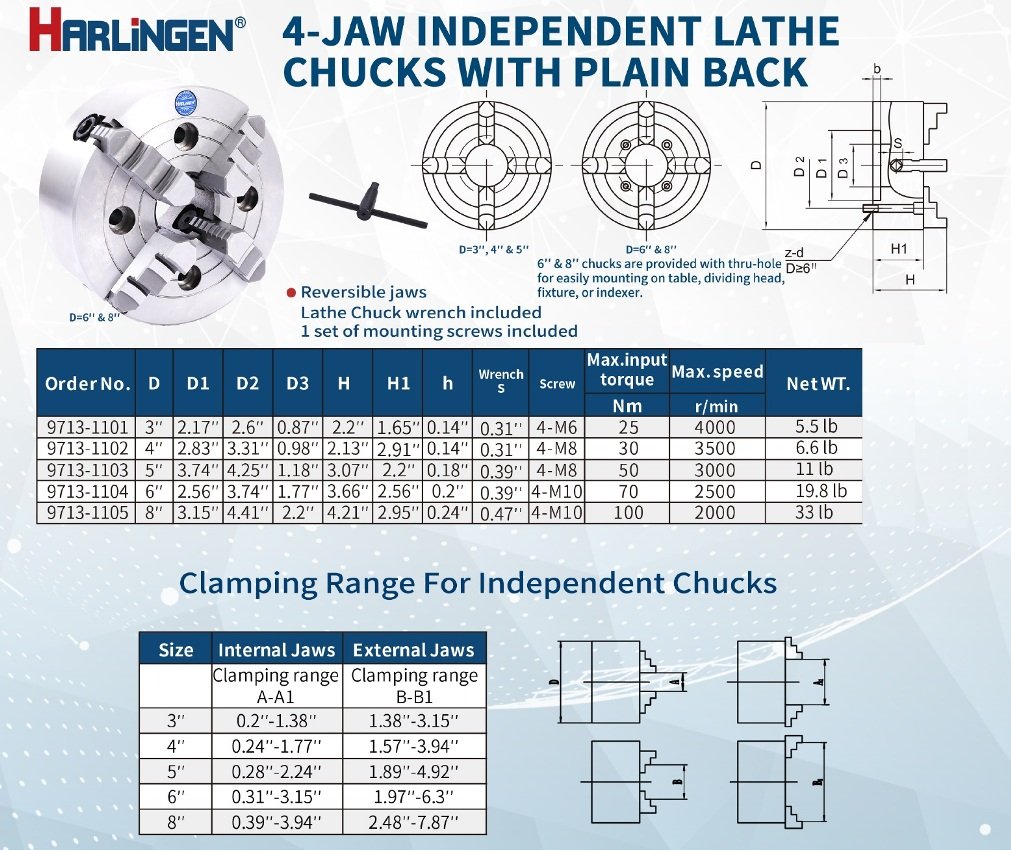 HARLINGEN 8" 4-JAW INDEPENDENT LATHE CHUCK PLAIN BACK (9713-1105) - Image 2
