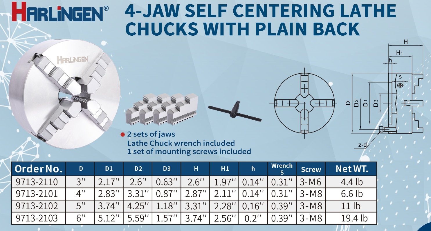 HARLINGEN 3" 4-JAW SELF-CENTER LATHE CHUCK PLAIN BACK (9713-2110) - Image 2