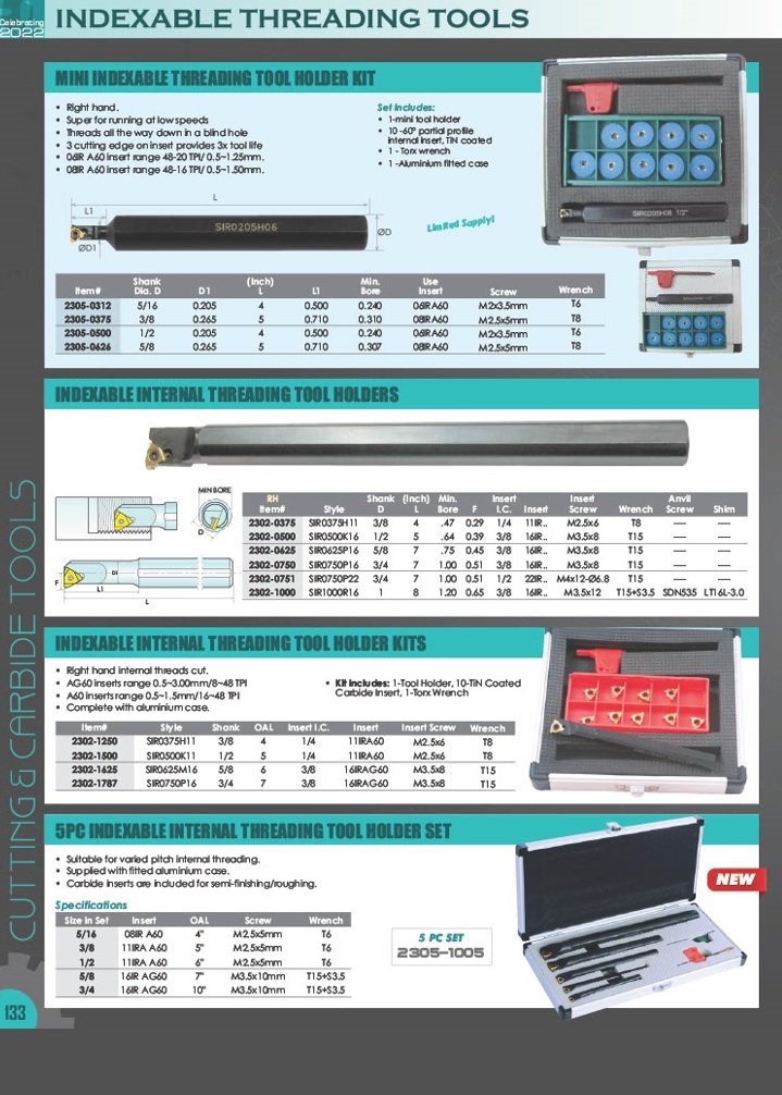 3/4 INTERNAL&EXTERNAL INDEXABLE THREADING TOOL HOLDER & INSERT KIT (2301-2750) - Image 5