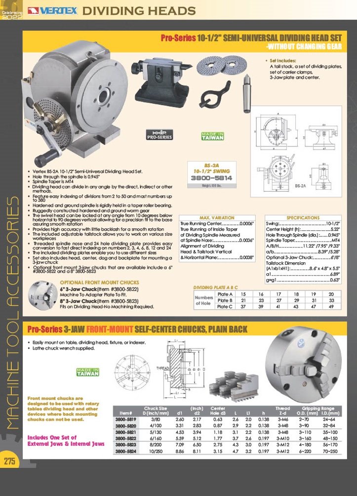 VERTEX 10-1/2" UNIVERSAL DIVIDING HEAD SET (3800-5815) - Image 10
