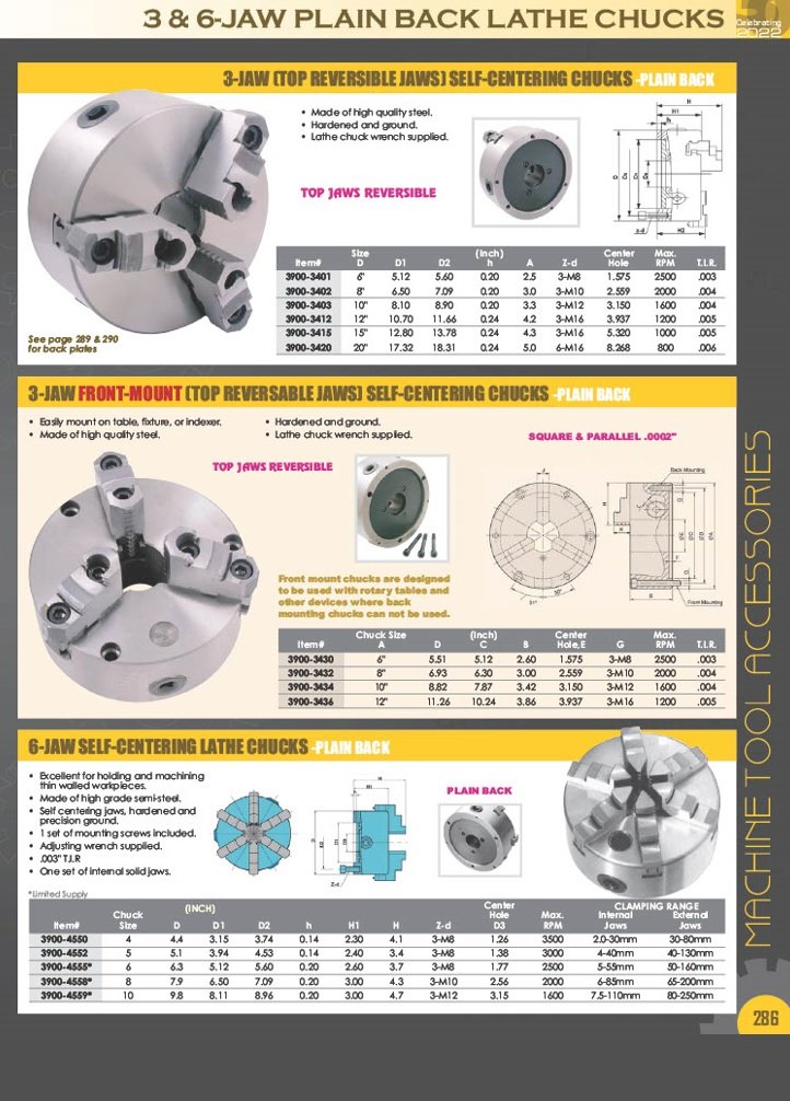 VERTEX 8" 3-JAW FRONT MOUNT LATHE CHUCK 2 SETS OF JAWS (3800-5823) - Image 5