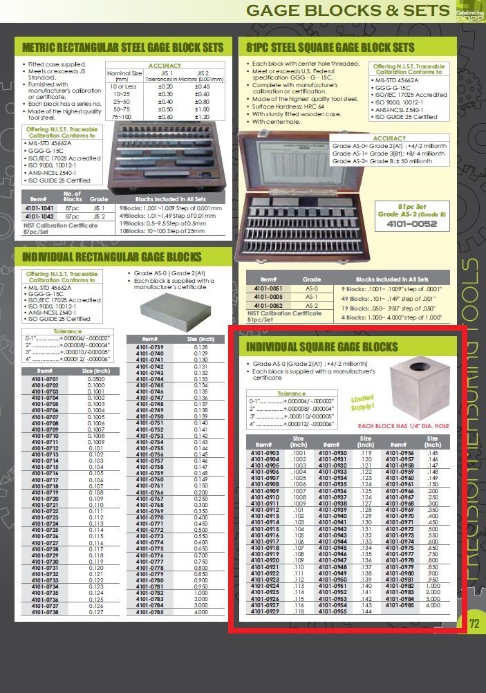 .136" SQUARE GAGE BLOCK GRADE 2/A+/AS 0 (4101-0947) - Image 2