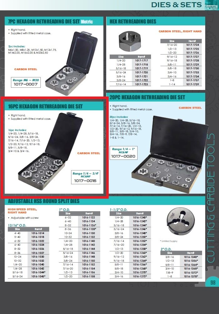 16 PIECE HEXAGON RETHREADING DIE SET(1/4-3/4 IN) (1017-0016) - Image 2