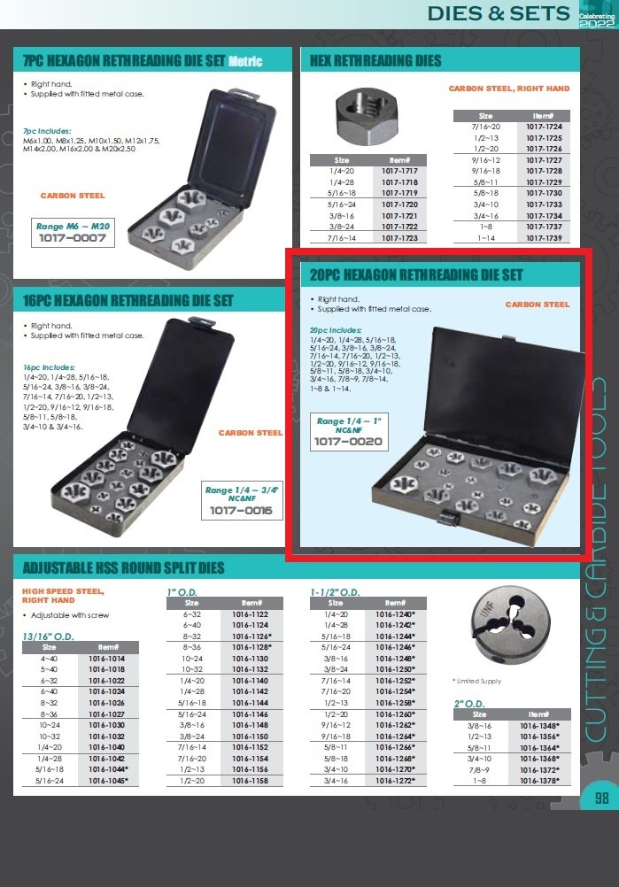 20 PIECE HEXAGON RETHREADING DIE SET(1/4-7/8..IN) (1017-0020) - Image 2