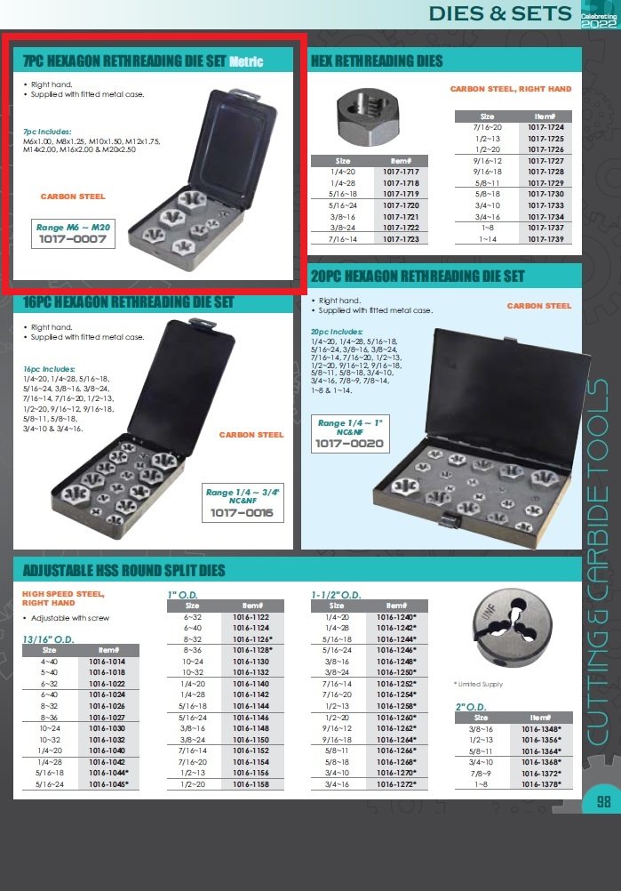 7 PIECE HEXAGON RETHREADING DIE SET(M6-M20) (1017-0007) - Image 2